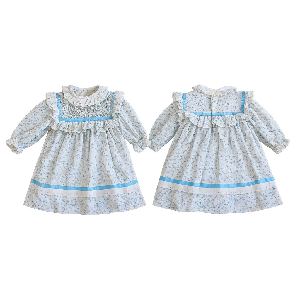 Polly Flinders Smocked Dress Baby Girl 18M Blue Floral Vintage Lace Ruffle Good